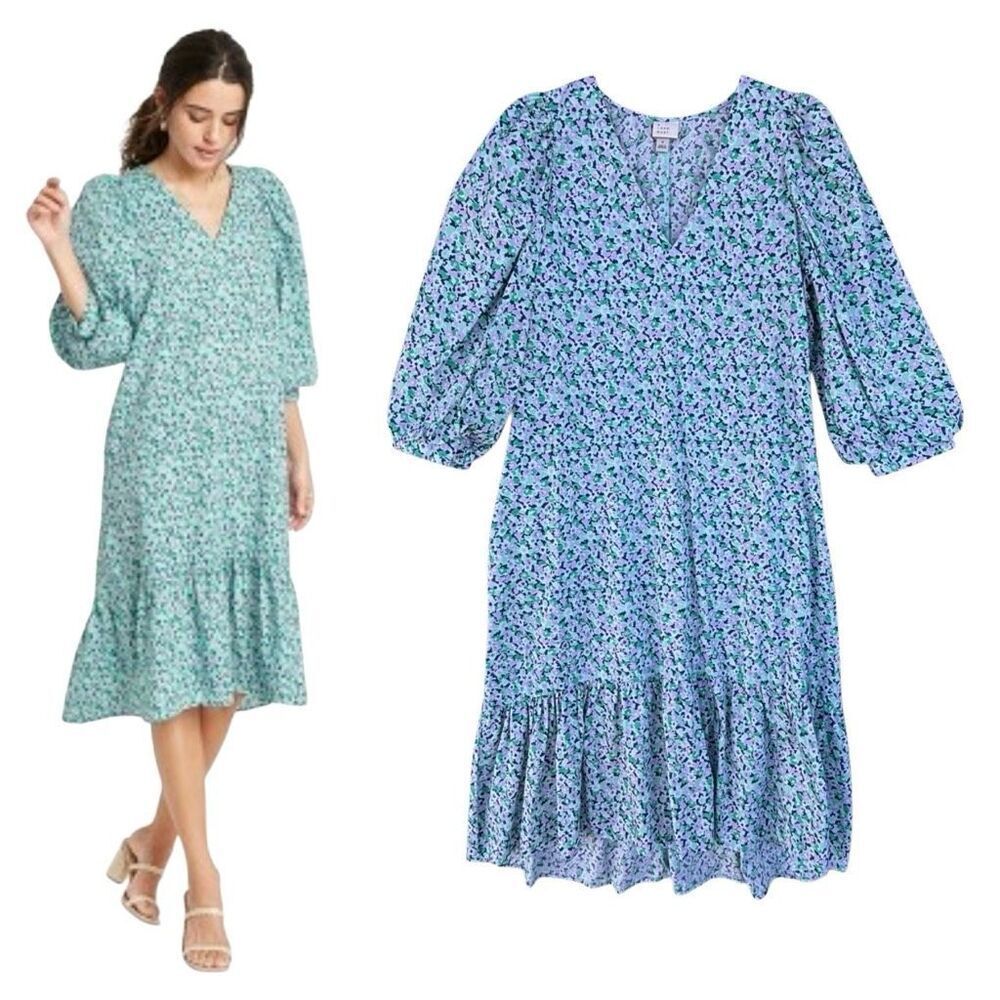 A New Day Aqua Blue Green Floral MIDI Dress Women Sz Small Puff Sleeve Pocket